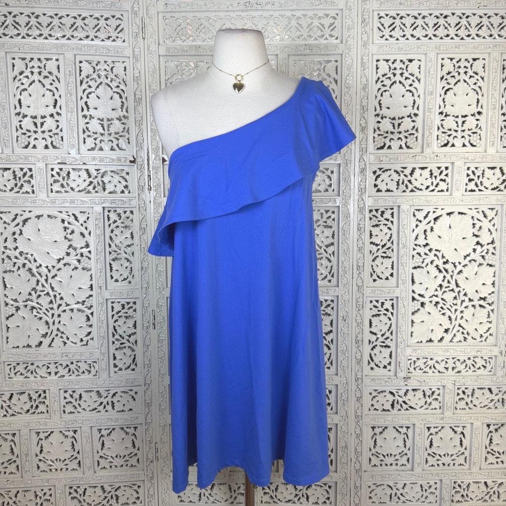 Susana Monaco Blue One Shoulder Dress Sz Medium Ruffle Coquette Coastal Resort